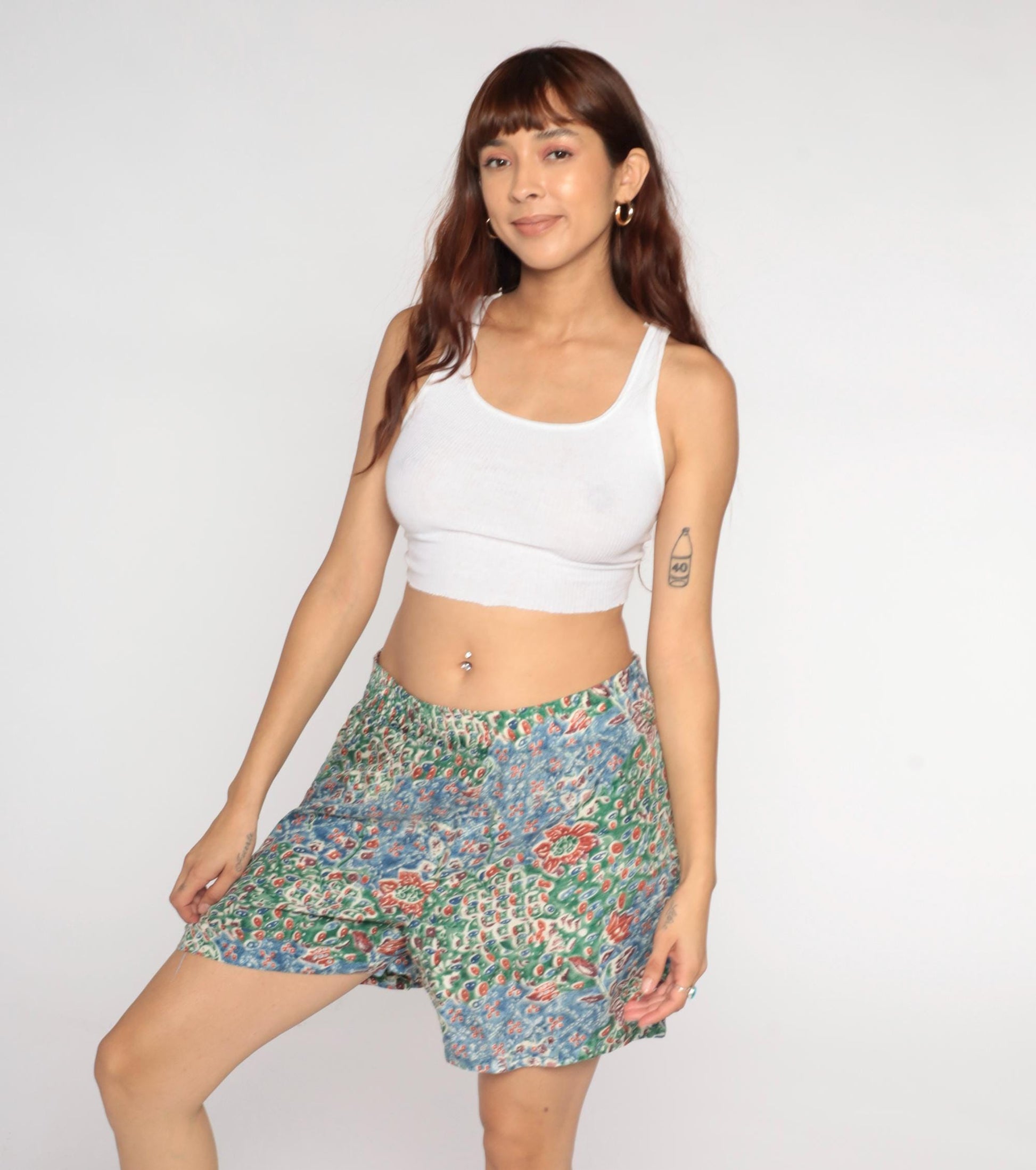Y2K Solutions Silk Shorts Floral Abstract Blue Green High Rise Medium M