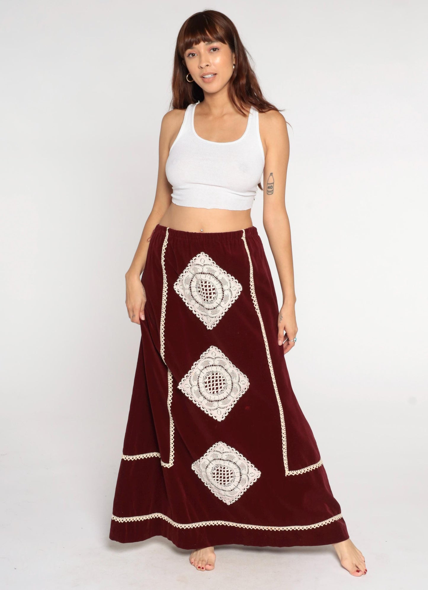 70s Belles of Ireland Burgundy Velvet Maxi Skirt Crochet Lace Trim Medium