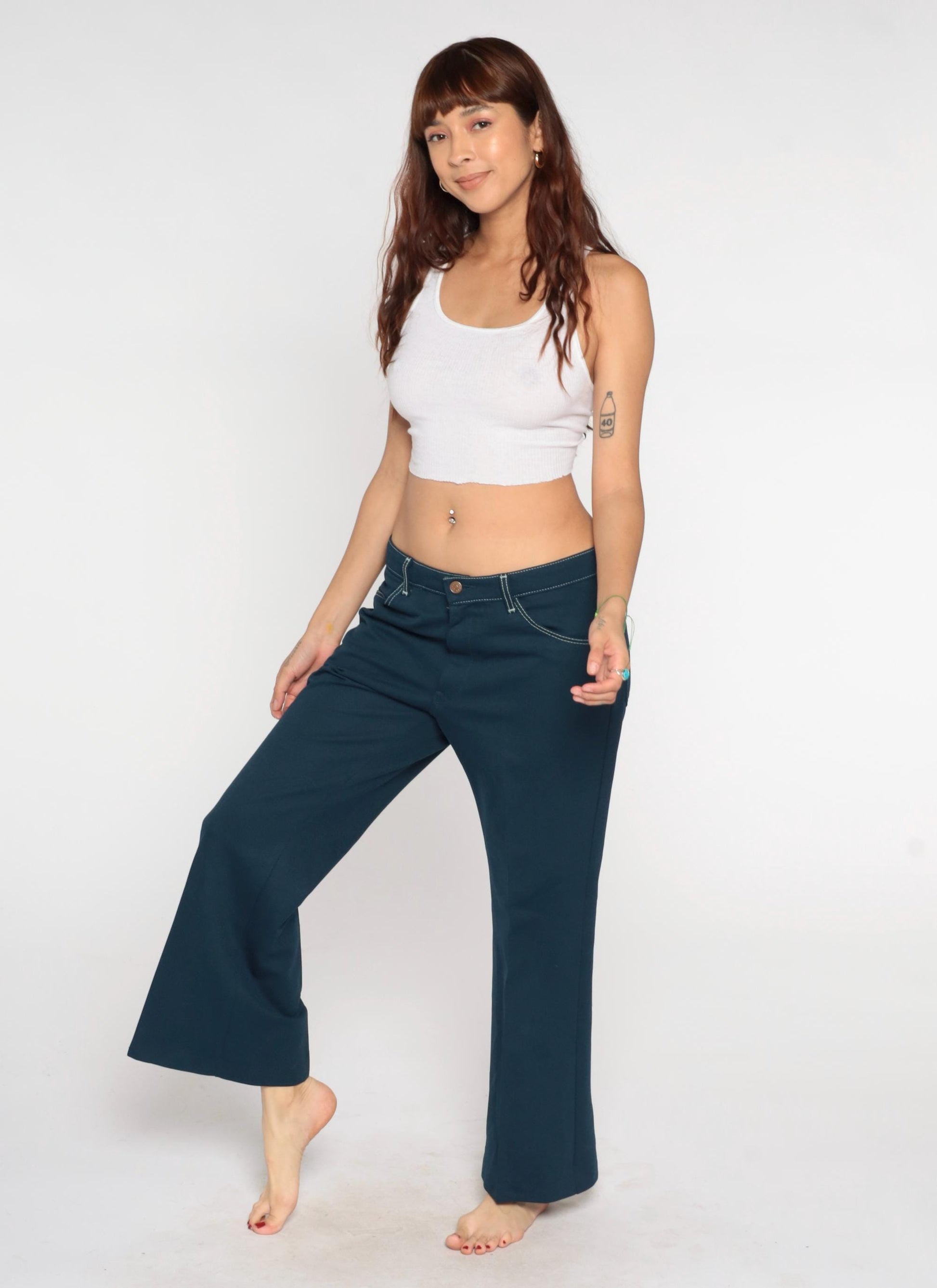 70s Farah Flared Pants Teal Blue White Stitching Low Rise Bell Bottom Large