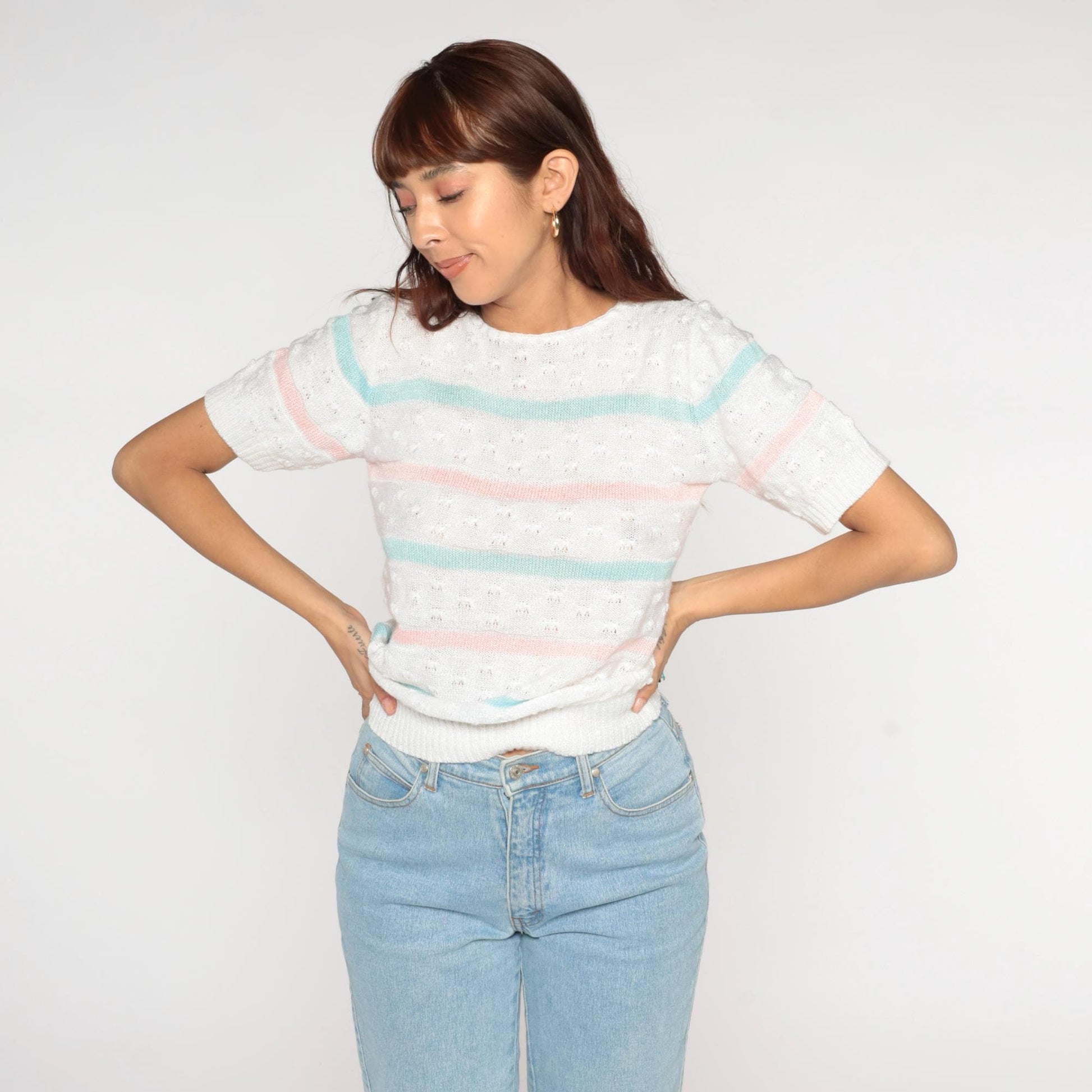 80s Billie Jo Striped Pointelle Knit Sweater Pink Blue Cream Small S