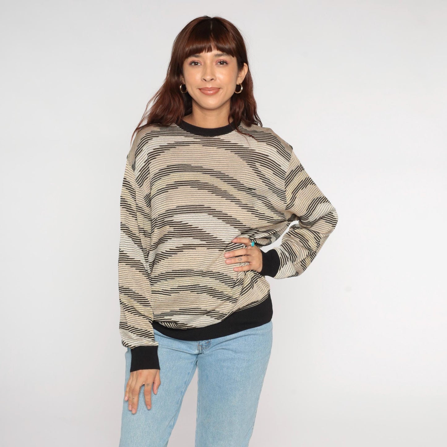 Y2K Aias Golf Striped Sweater Black Beige Cream Knit Pullover Medium M