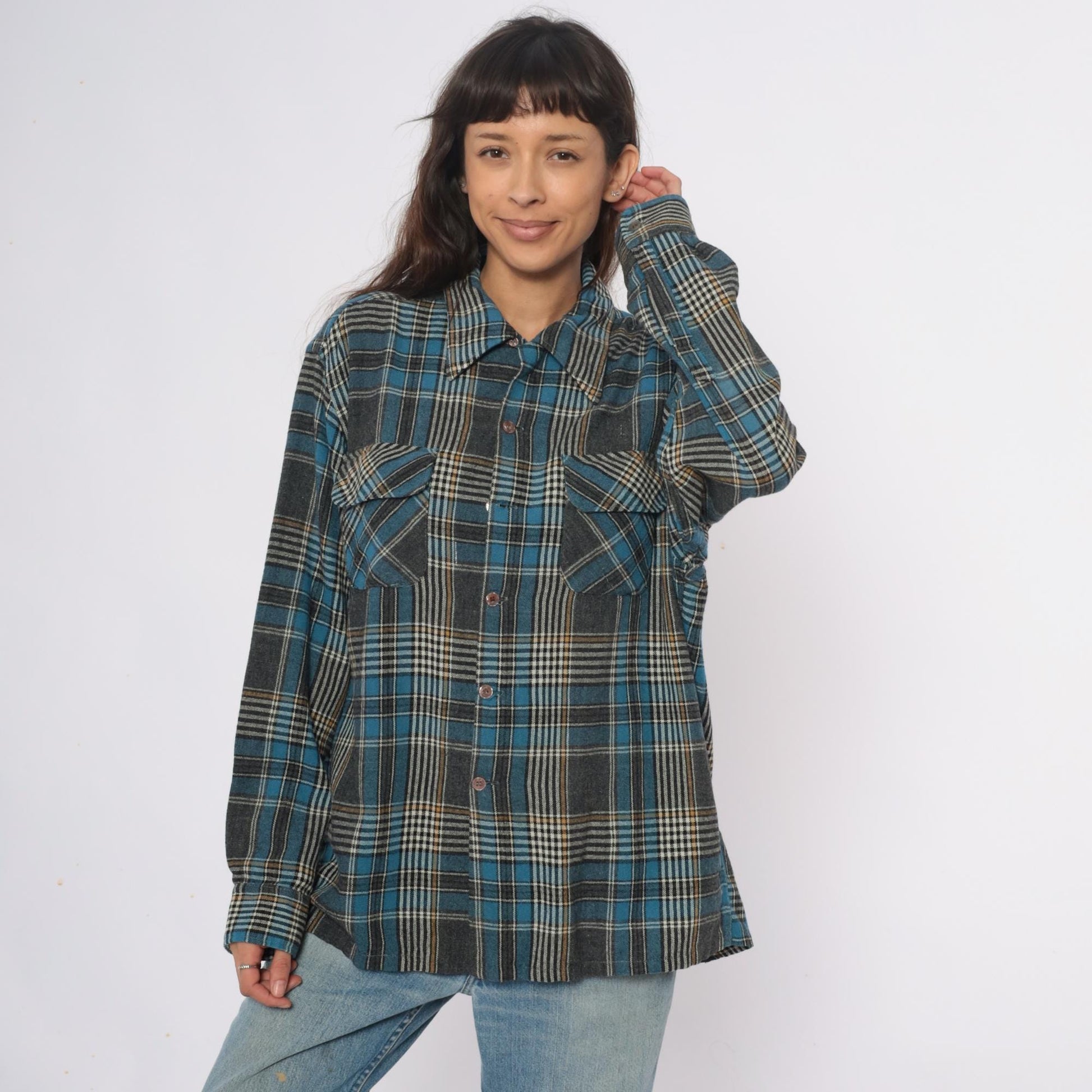70s Towncraft Plaid Flannel Shirt Jacket Blue Grey Wool Large L