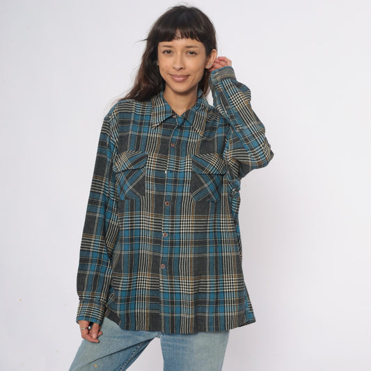 70s Towncraft Plaid Flannel Shirt Jacket Blue Grey Wool Large L