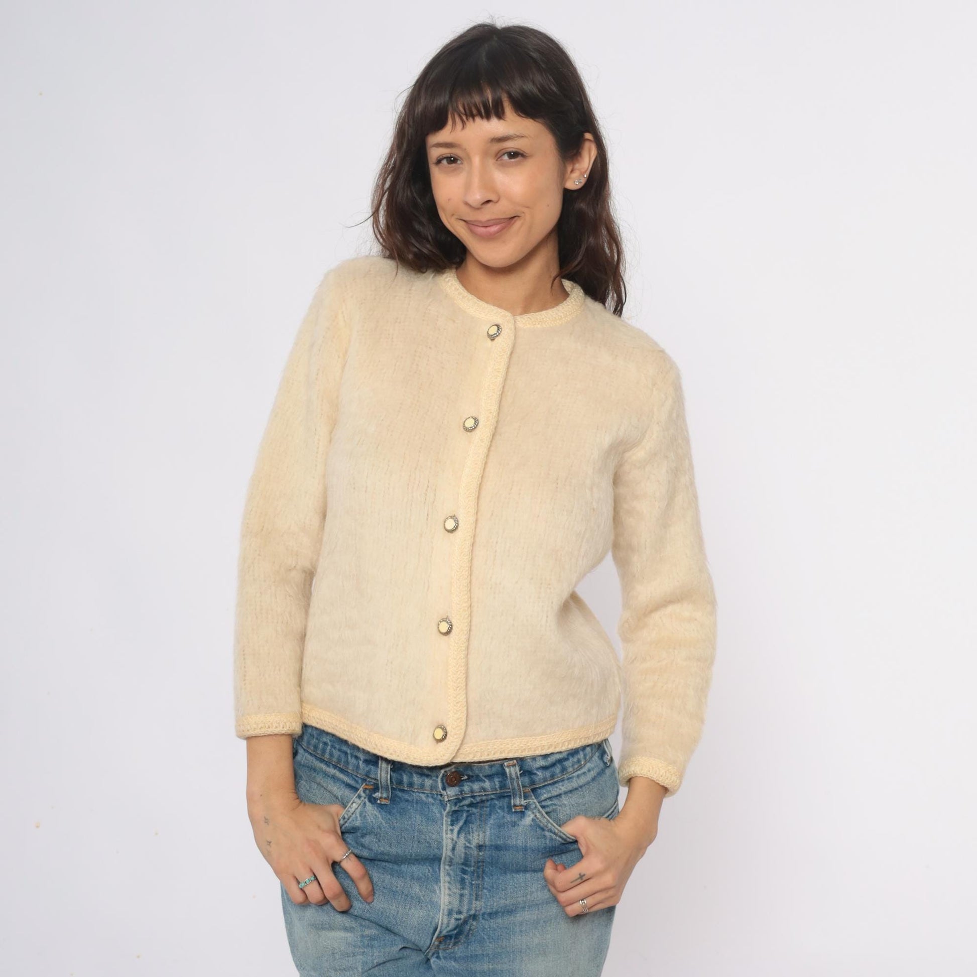 70s Cream Wool Cardigan Peter Pan Collar Textured Knit Small Medium