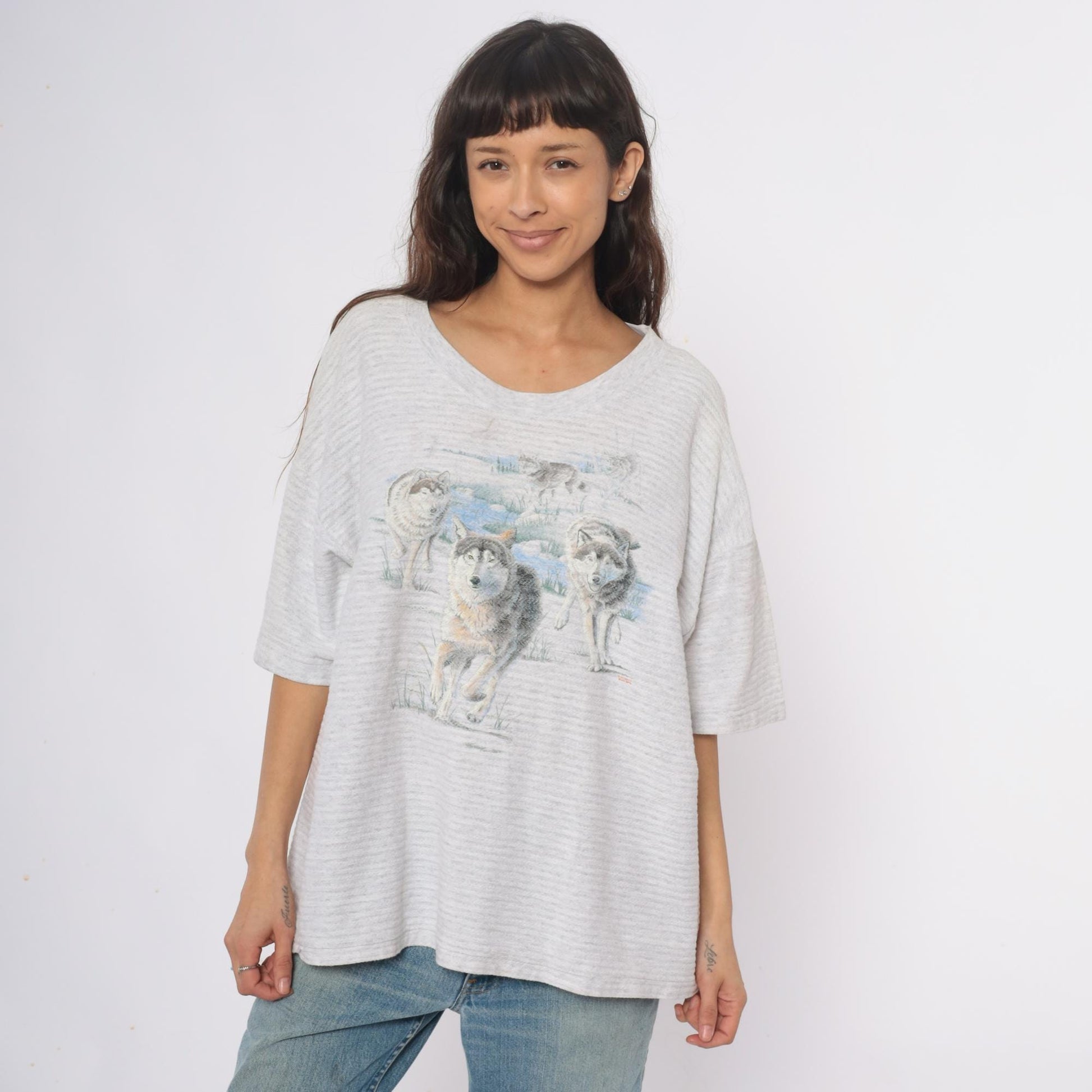 90s Wolf Graphic T-Shirt Grey Cotton V-Neck Animal Print Extra Large XL