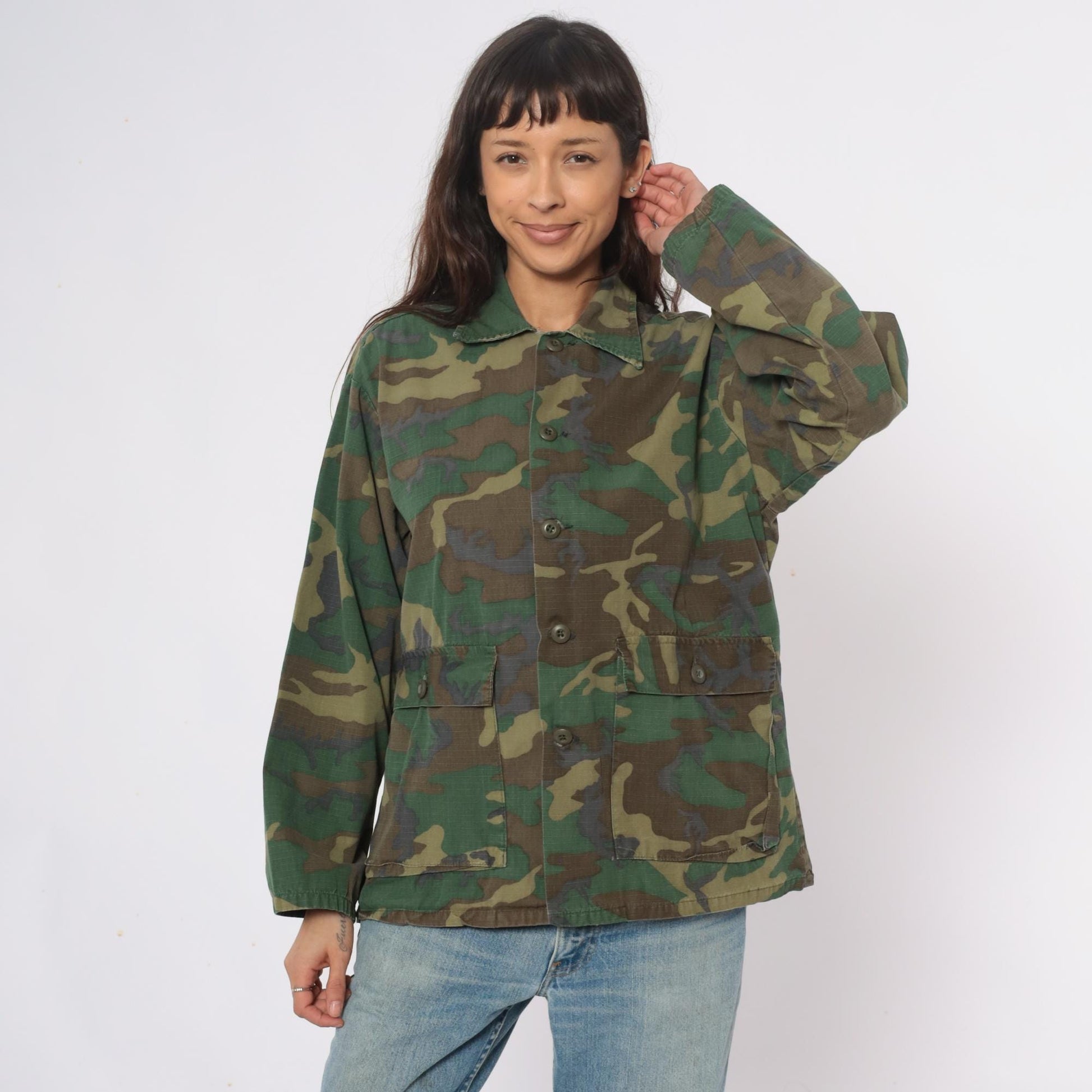 90s Woodland Camo Jacket Military Field Green Brown Utility Medium