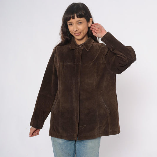 90s Ami Brown Suede Leather Jacket Collared Zip Front Large L