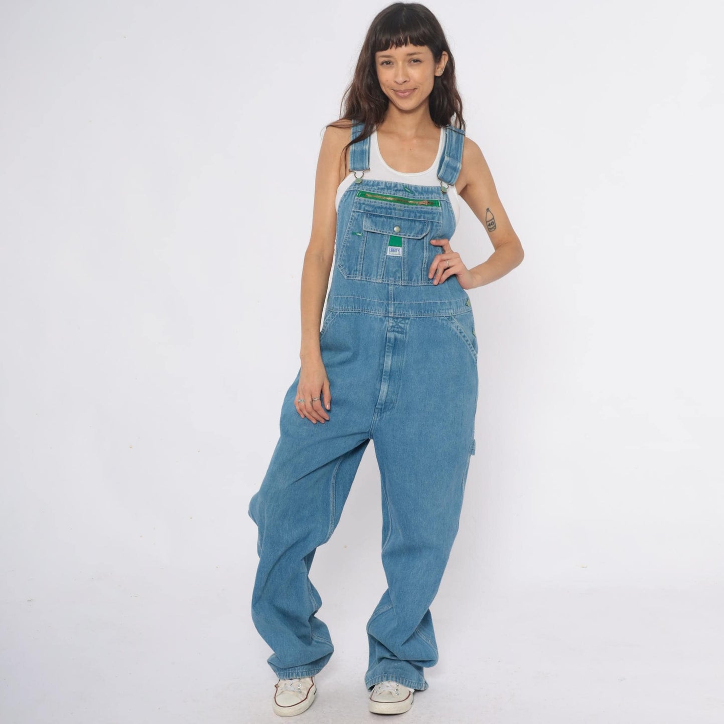 Y2K Liberty Light Blue Denim Overalls Green Stitching Carpenter Large L