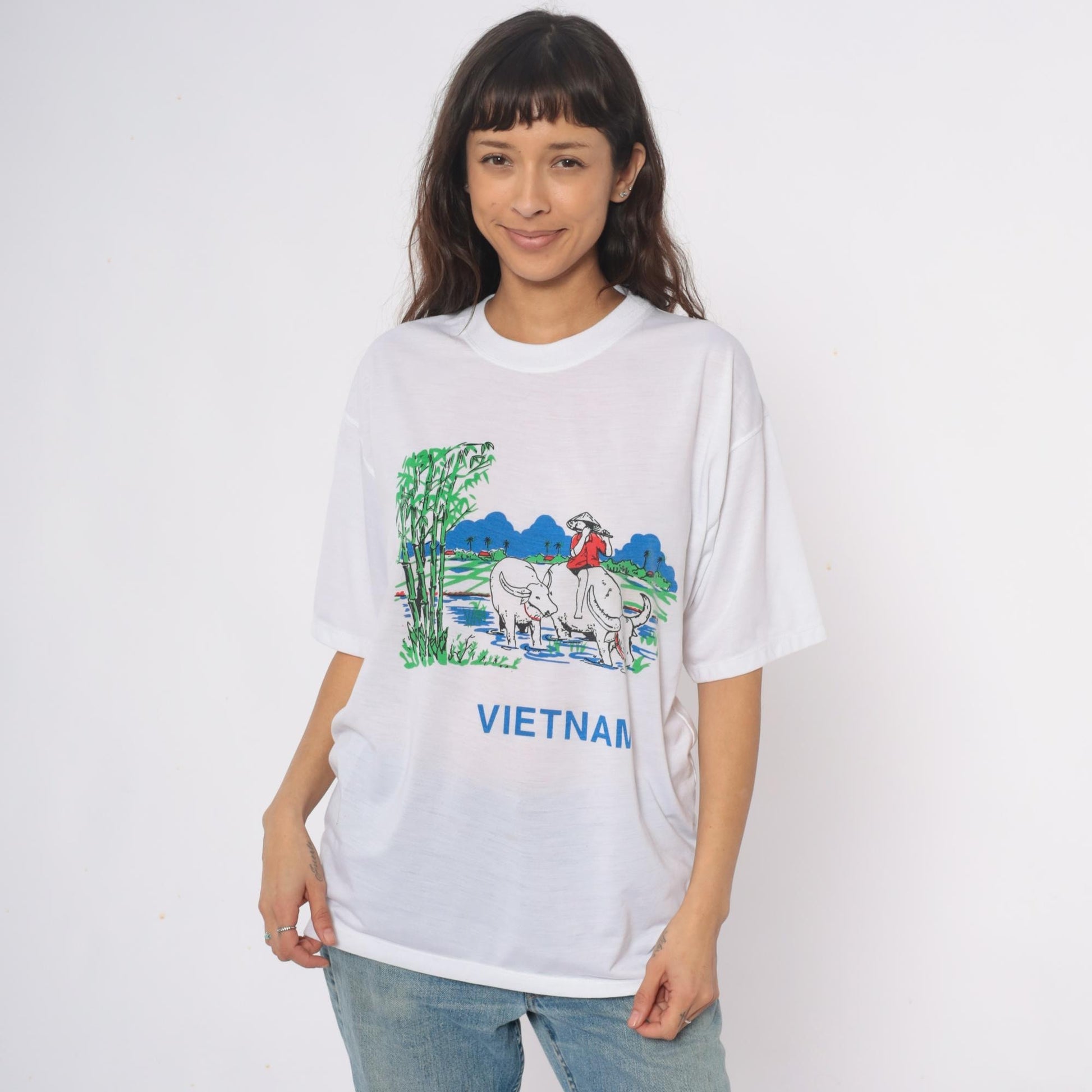 Y2K Vietnam Souvenir Graphic Tee Water Buffalo Rice Paddy White Cotton Extra Large
