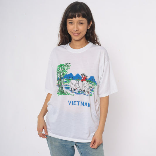 Y2K Vietnam Souvenir Graphic Tee Water Buffalo Rice Paddy White Cotton Extra Large