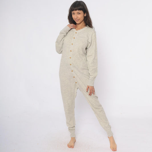 80s Duofold Union Suit Thermal Onesie Cream Cotton Wool Drop Seat Medium