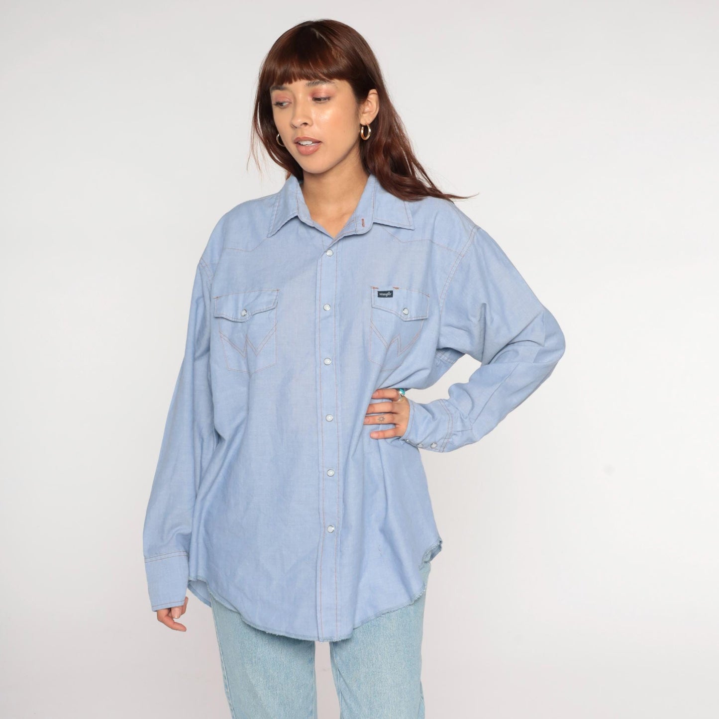 90s Wrangler Light Blue Chambray Pearl Snap Western Shirt Extra Large XXL