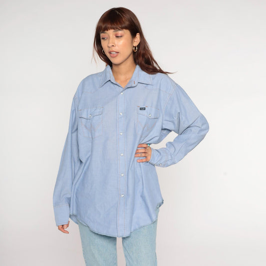 90s Wrangler Light Blue Chambray Pearl Snap Western Shirt Extra Large XXL