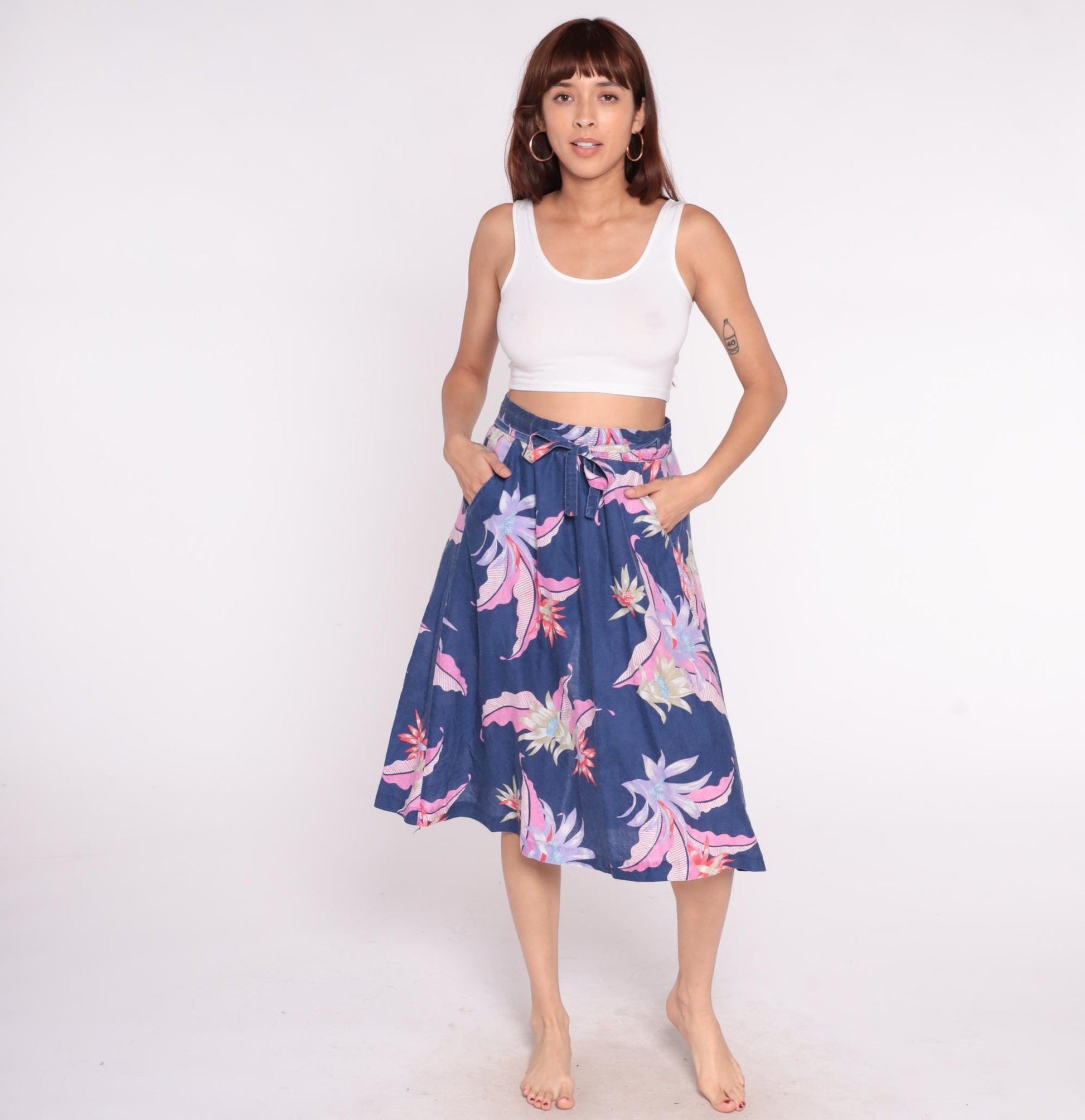 80s Sixpence Floral Wrap Skirt Navy Pink Purple Knee Length Small