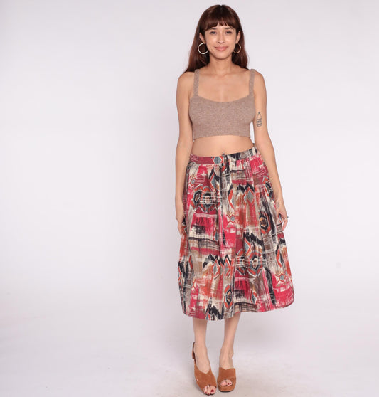 80s Southwestern Geometric Midi Skirt Red Pink Black Tan Cotton High Waist Medium