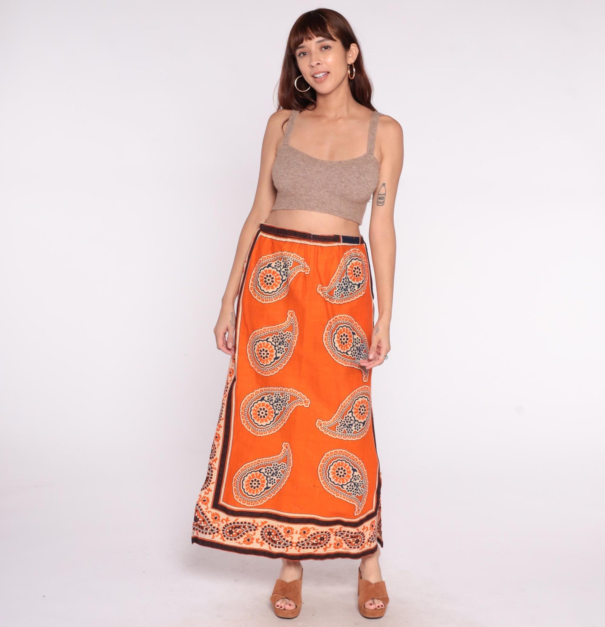 70s Orange Paisley Wrap Skirt Cream Border Print Tie Waist Large