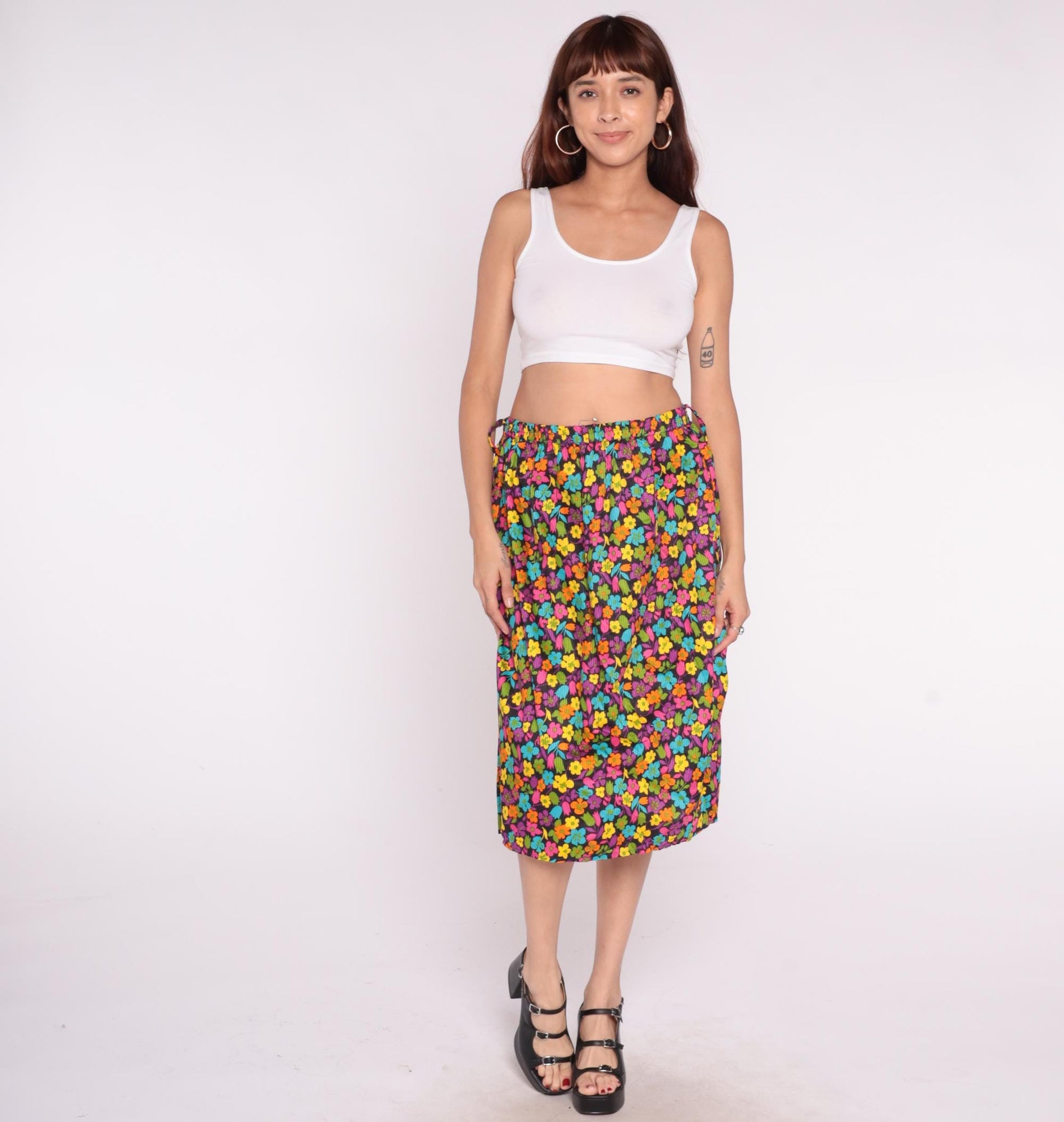 90s Black Floral A-Line Skirt Multicolor Drawstring Cotton Medium