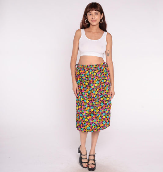 90s Black Floral A-Line Skirt Multicolor Drawstring Cotton Medium