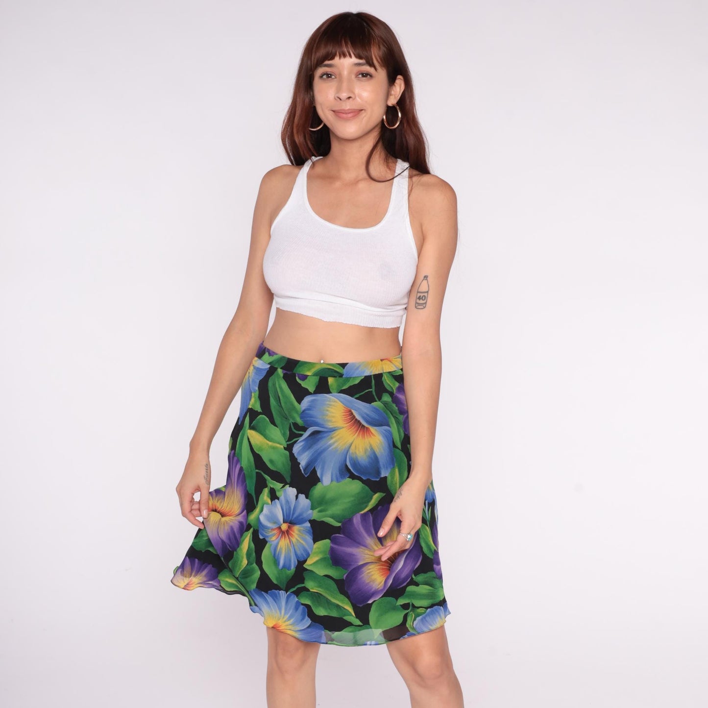 90s Liz Claiborne Silk Floral Skirt Knee-Length Black Purple Blue Medium