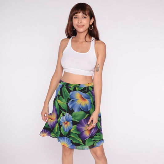 90s Liz Claiborne Silk Floral Skirt Knee-Length Black Purple Blue Medium