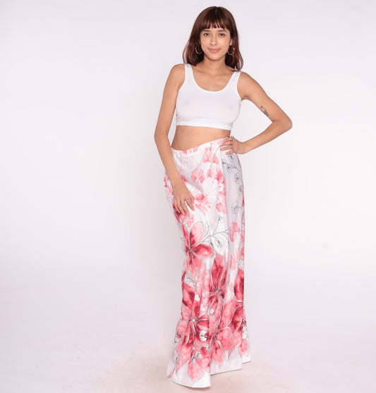 80s Tori Richard Floral Maxi Skirt Pink Coral Watercolor White Large