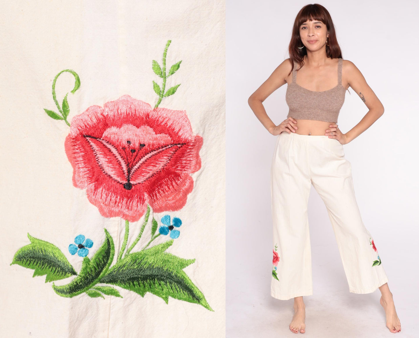80s Floral Embroidered Cream Wide Leg Pants High Waist Palazzo Cotton Medium