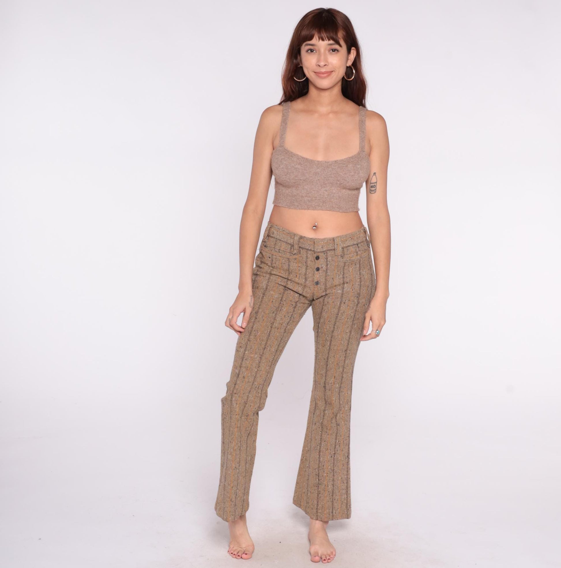 70s Brown Tweed Flare Pants High Waisted Striped Bell Bottom Medium M