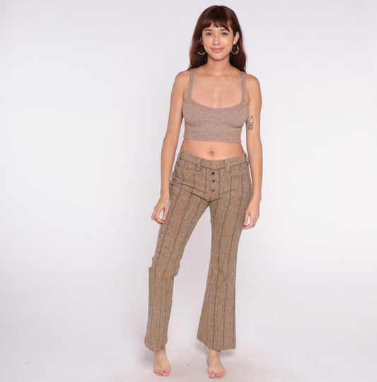 70s Brown Tweed Flare Pants High Waisted Striped Bell Bottom Medium M