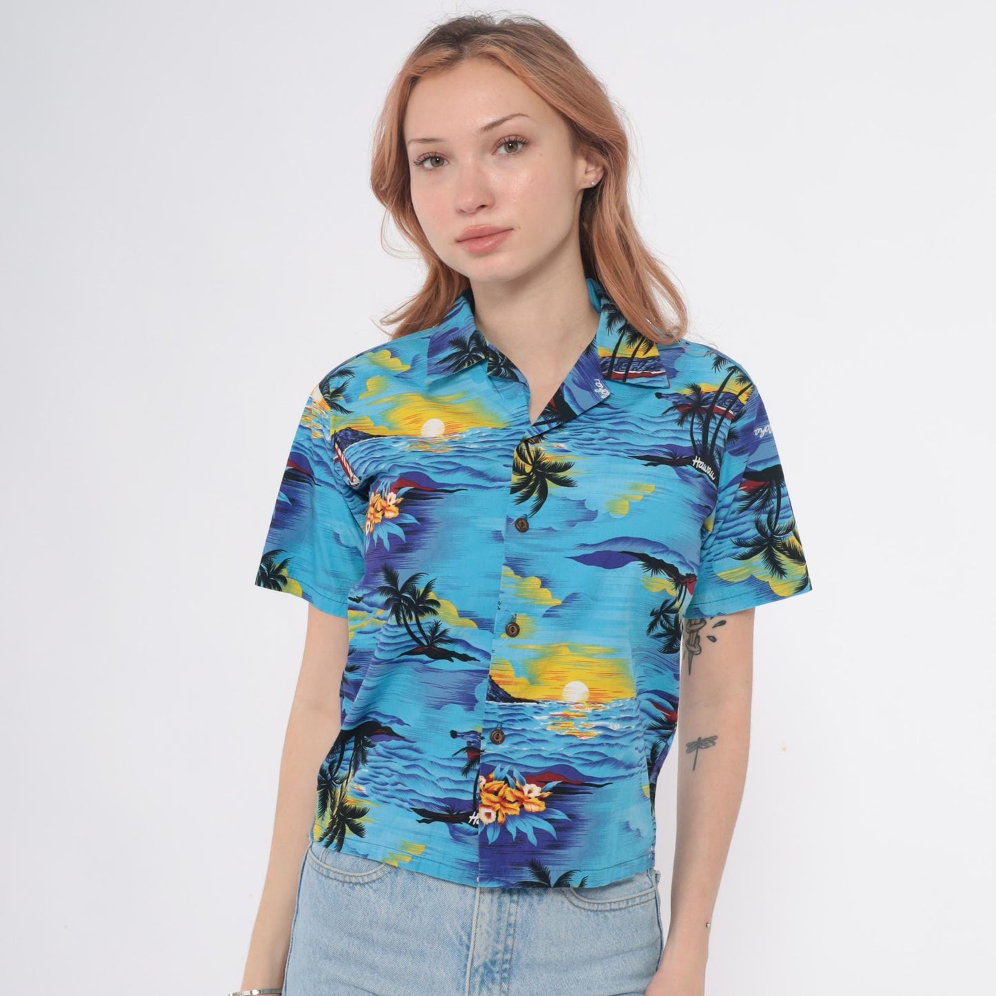 90s Royal Hawaiian Creations Tropical Shirt Turquoise Palm Tree Cotton Small S