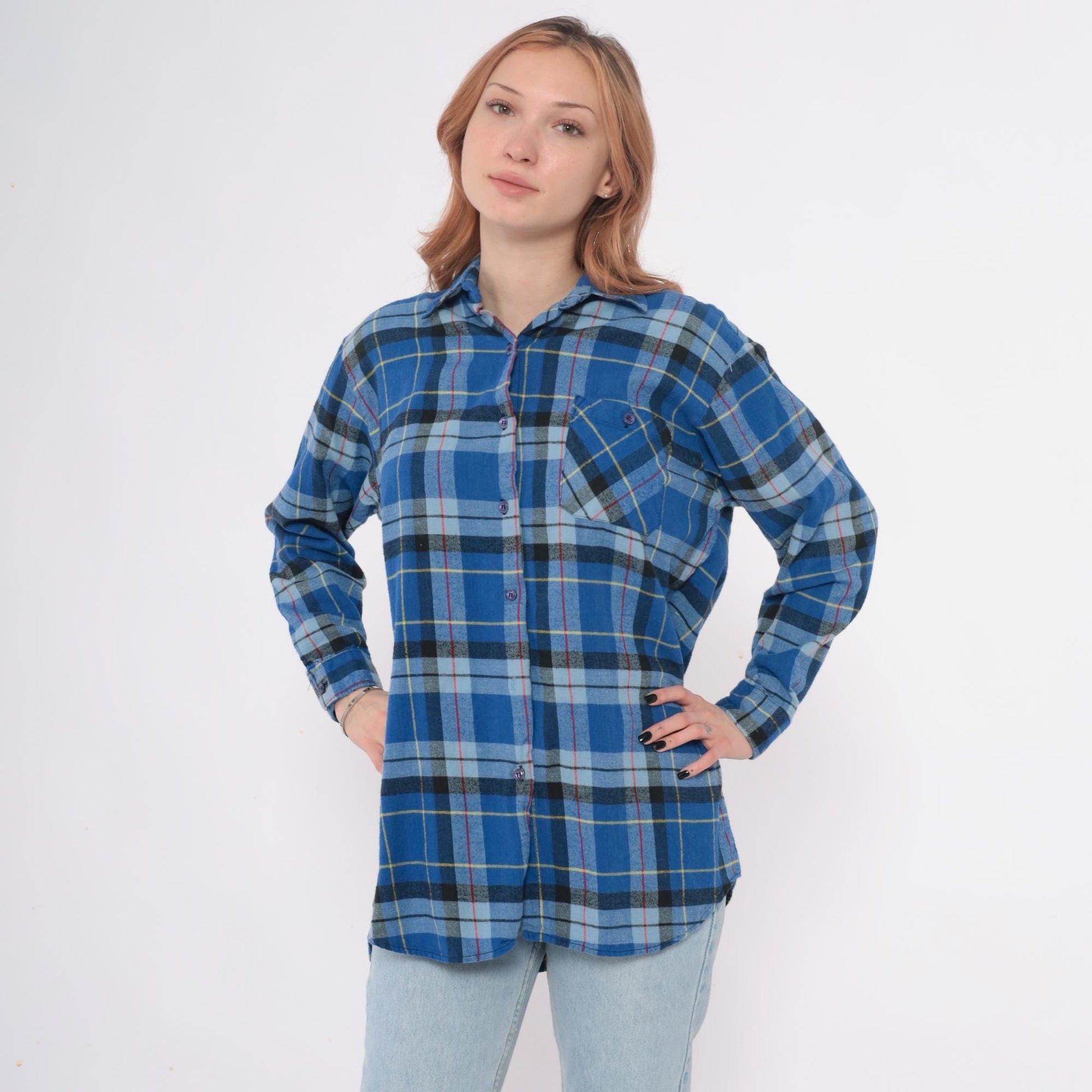 90s Timber Trail Plaid Flannel Shirt Blue Button Front Cotton Medium M