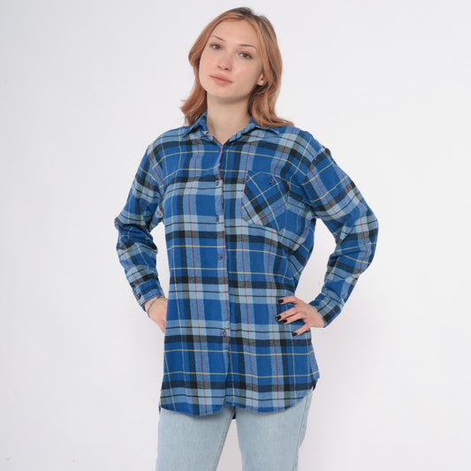 90s Timber Trail Plaid Flannel Shirt Blue Button Front Cotton Medium M
