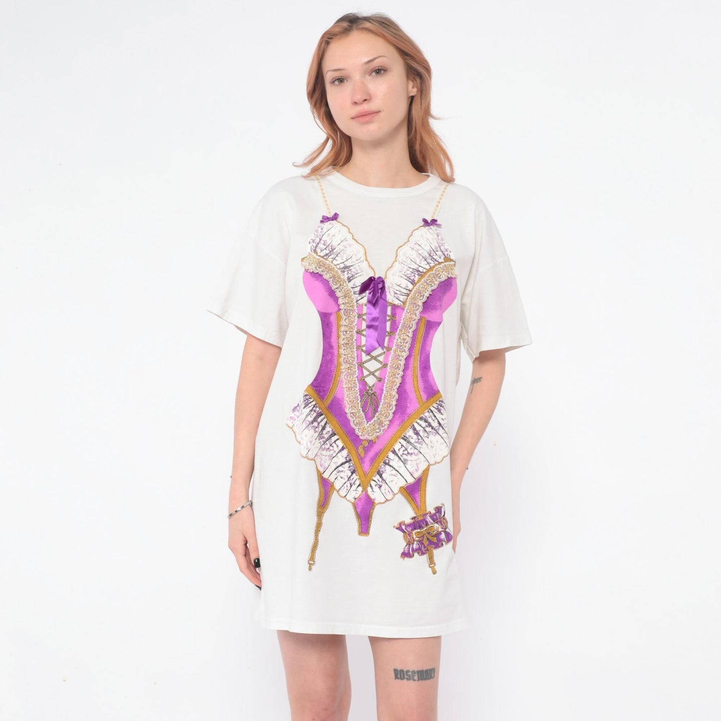 90s Heart To Heart Corset Print Nightshirt White Purple Graphic Sleep Tee One Size