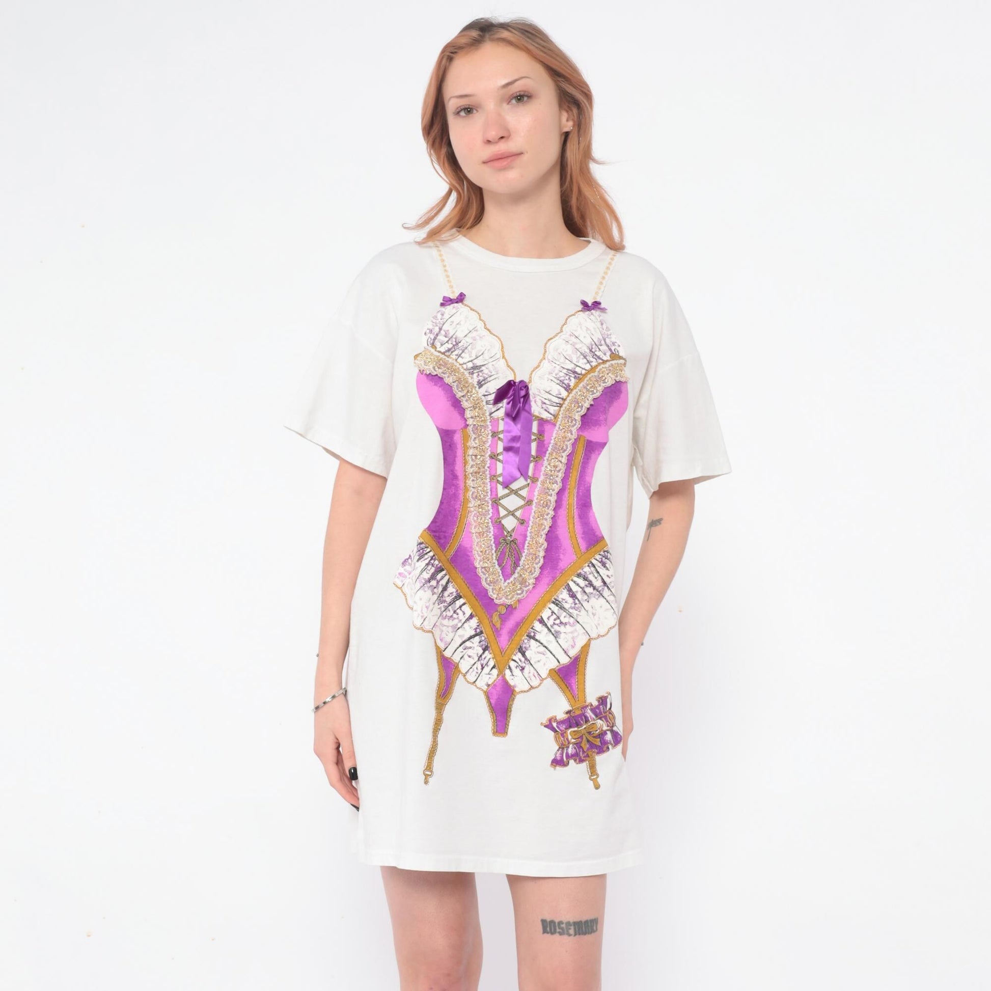 90s Heart To Heart Corset Print Nightshirt White Purple Graphic Sleep Tee One Size