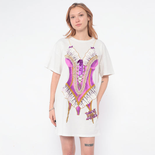 90s Heart To Heart Corset Print Nightshirt White Purple Graphic Sleep Tee One Size