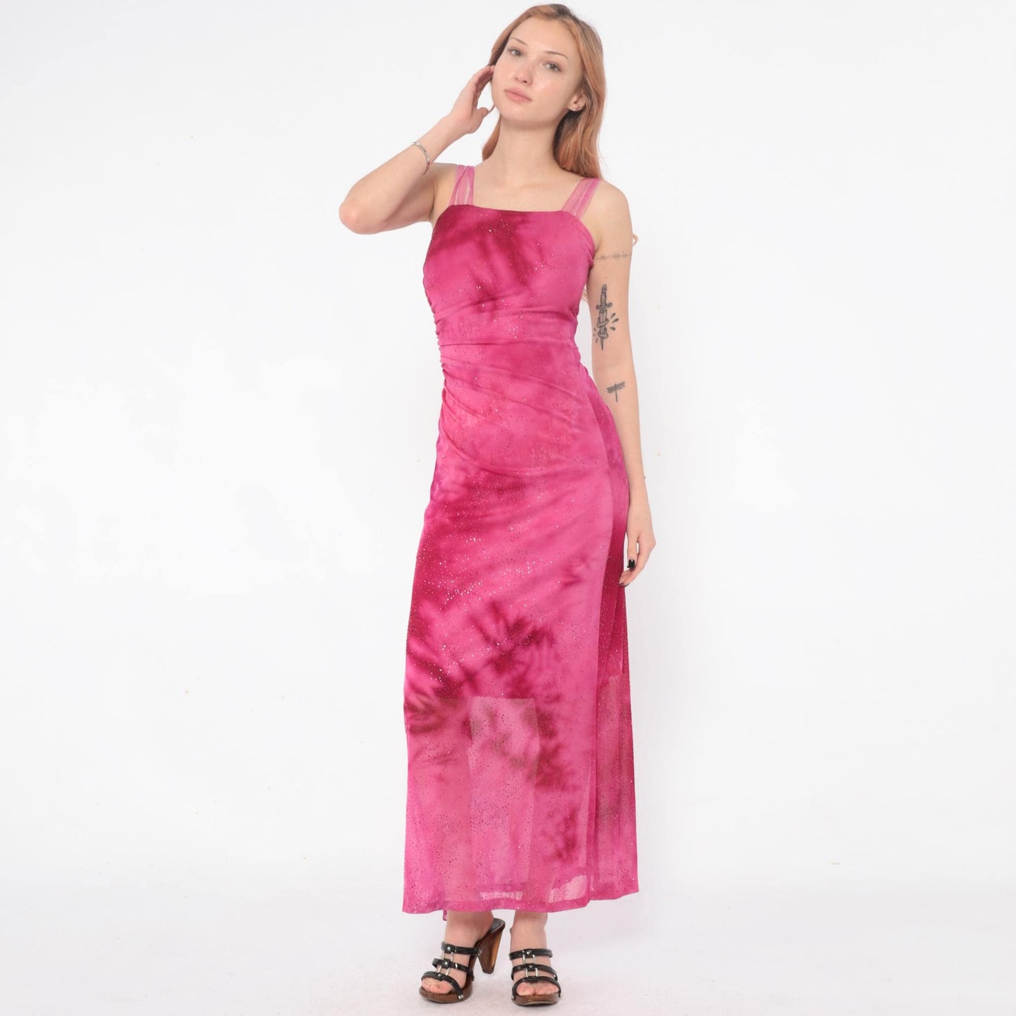 Y2K Hot Pink Sparkle Maxi Dress Ruched Spaghetti Strap Extra Small