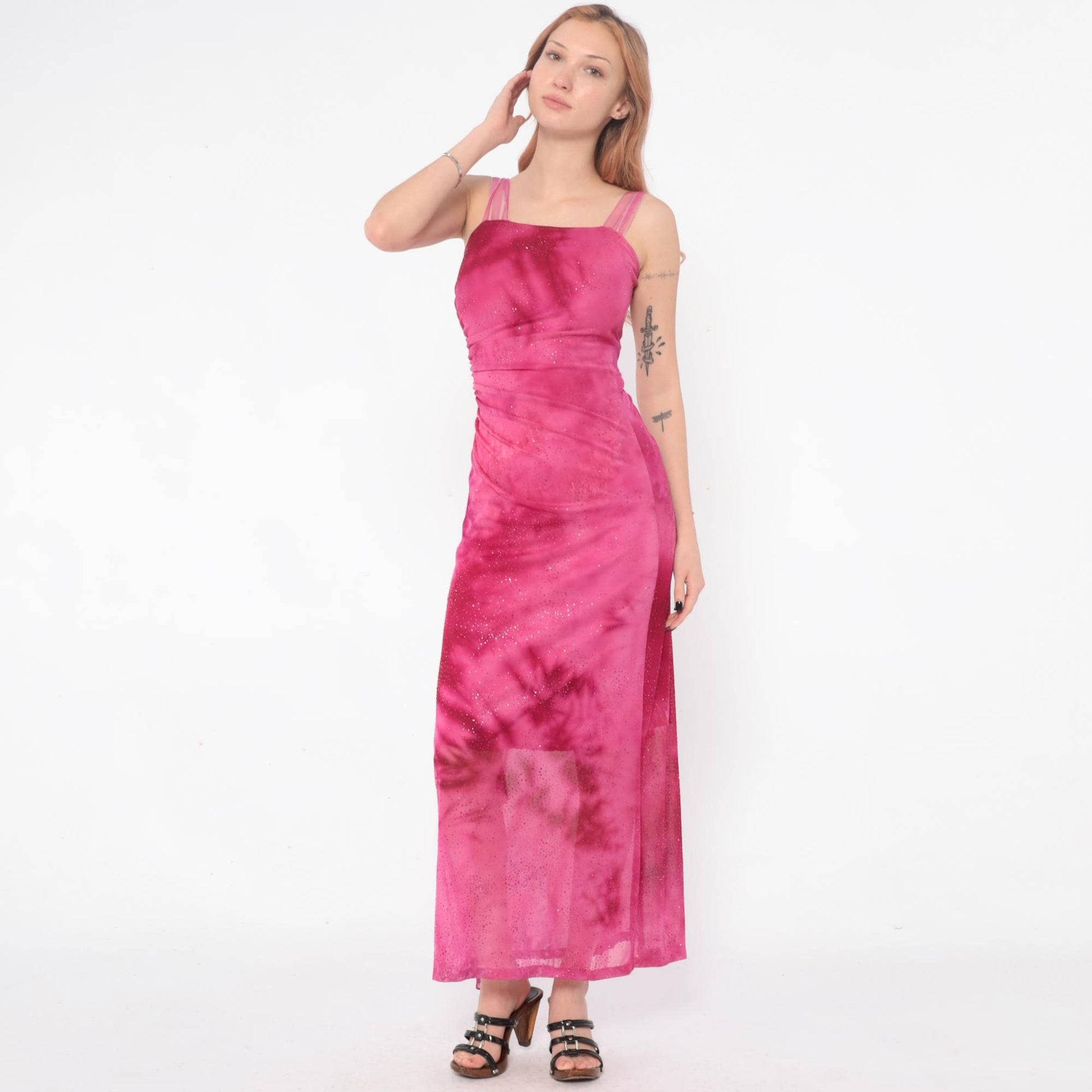 Y2K Hot Pink Sparkle Maxi Dress Ruched Spaghetti Strap Extra Small