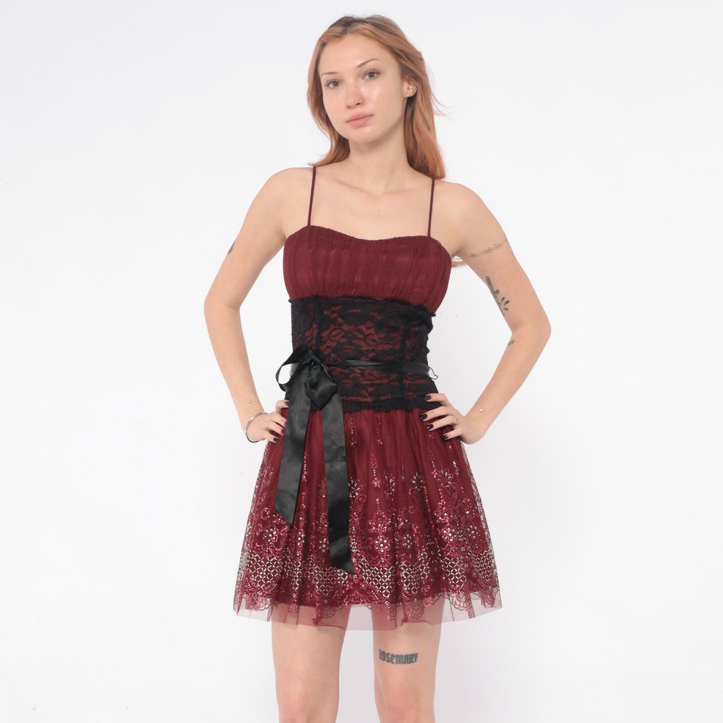 Y2K Burgundy Mini Dress Sequin Lace Spaghetti Strap Small
