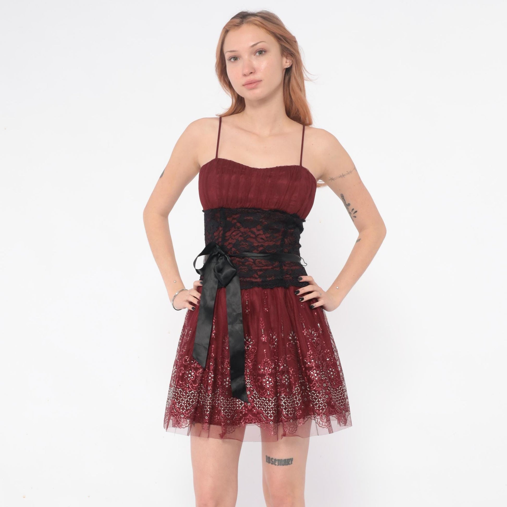 Y2K Burgundy Mini Dress Sequin Lace Spaghetti Strap Small