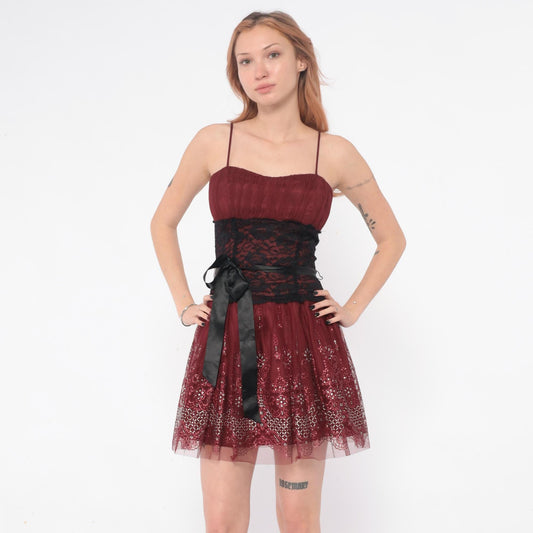 Y2K Burgundy Mini Dress Sequin Lace Spaghetti Strap Small