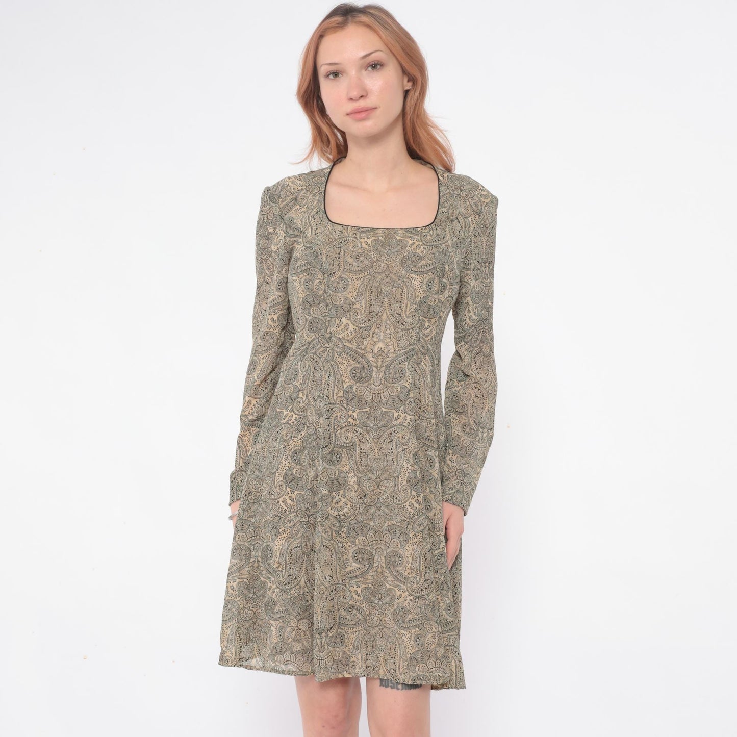 90s Liz Claiborne Paisley Midi Dress Square Neck Long Sleeve Sage Green Small