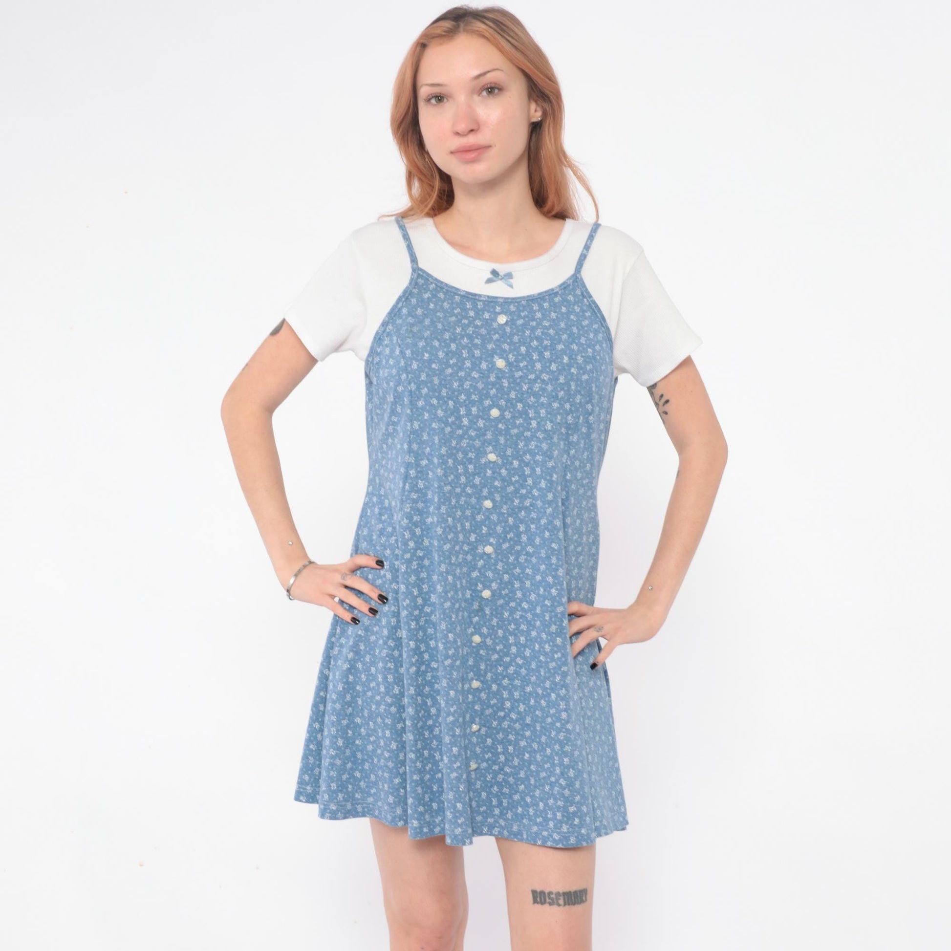 90s Blue Floral Mini Dress Maggie Lawrence Spaghetti Strap Sundress Large L