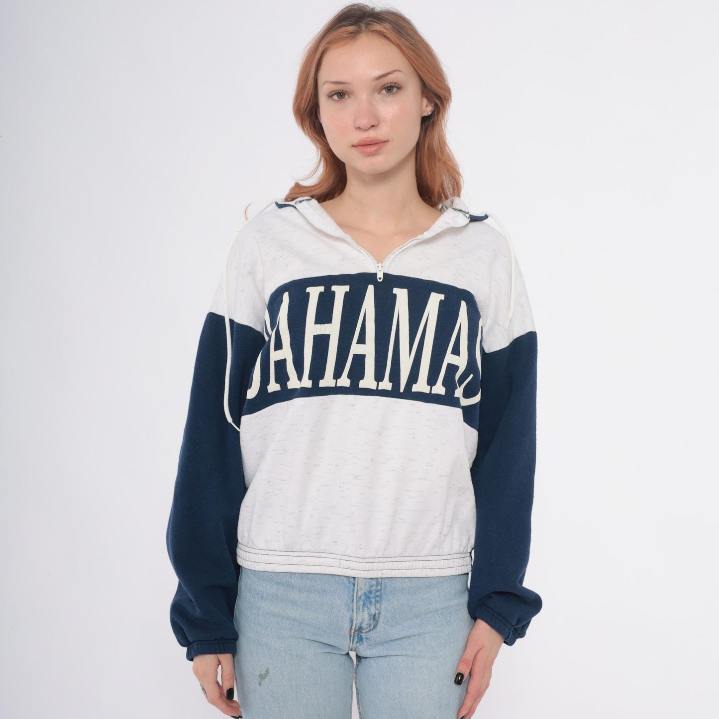 80s Bahamas Zip Hoodie Colorblock Navy Cream Cotton Small Medium
