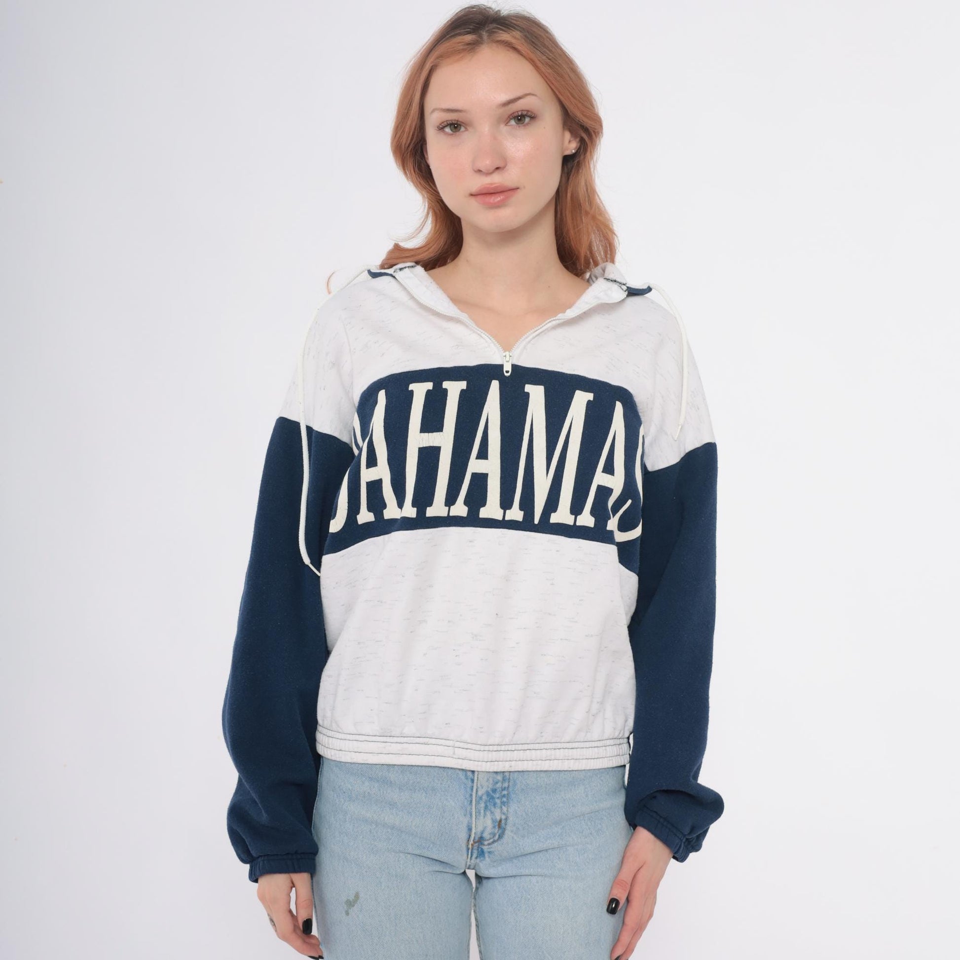 80s Bahamas Zip Hoodie Colorblock Navy Cream Cotton Small Medium