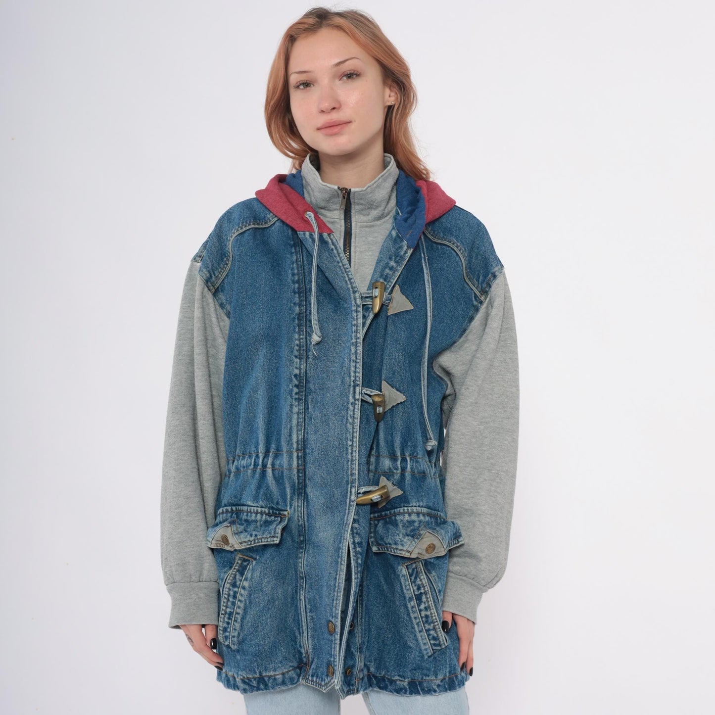 90s New York Girl Denim Jacket Colorblock Hood Toggle Closure Medium M