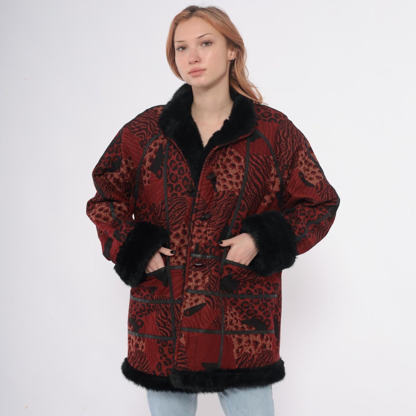70s Burgundy Patchwork Coat Animal Print Faux Fur Collar Large L
