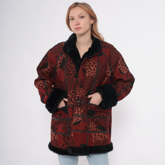 70s Burgundy Patchwork Coat Animal Print Faux Fur Collar Large L