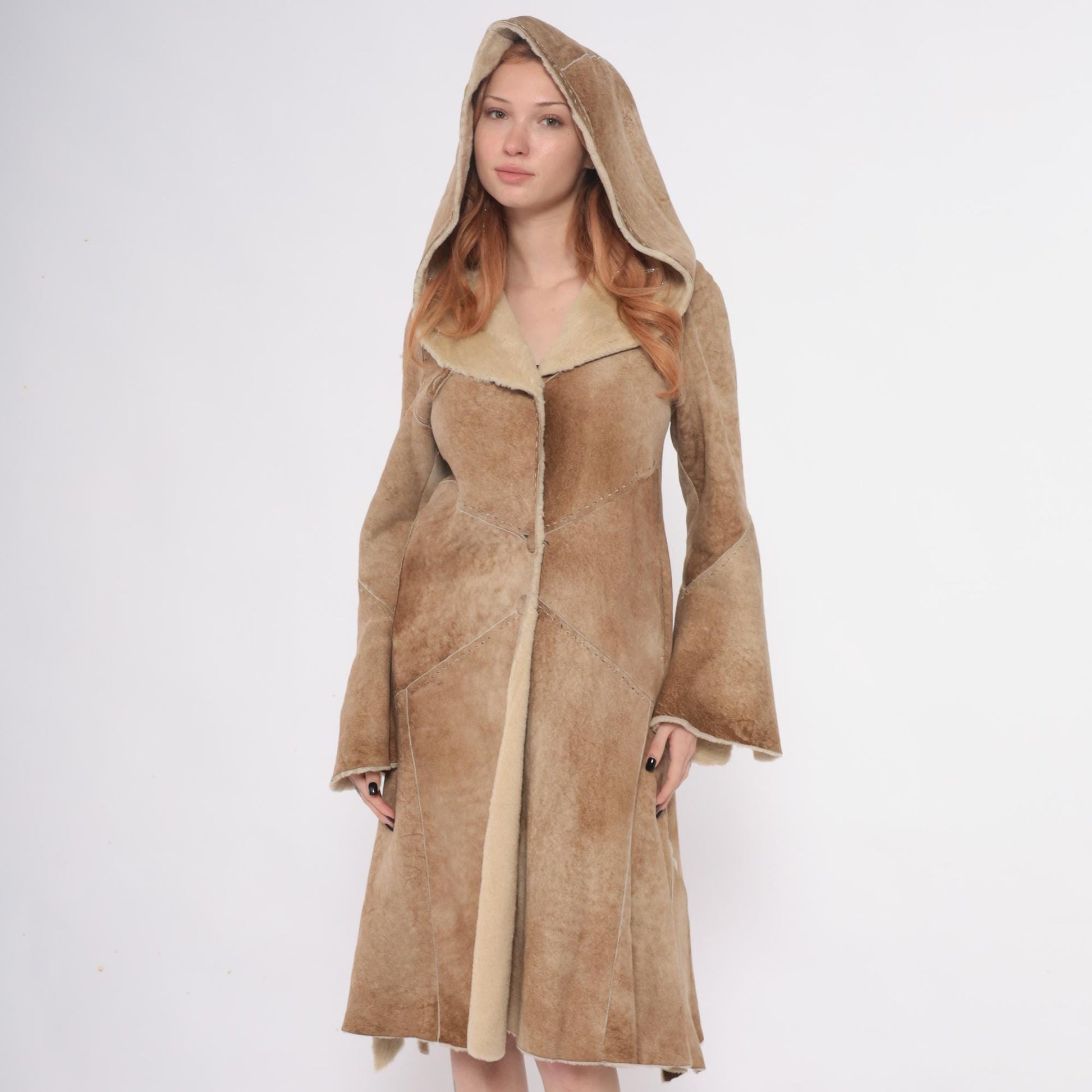 90s Denimaxx Couture Suede Hooded Coat Tan Shearling Trim Small