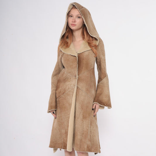 90s Denimaxx Couture Suede Hooded Coat Tan Shearling Trim Small