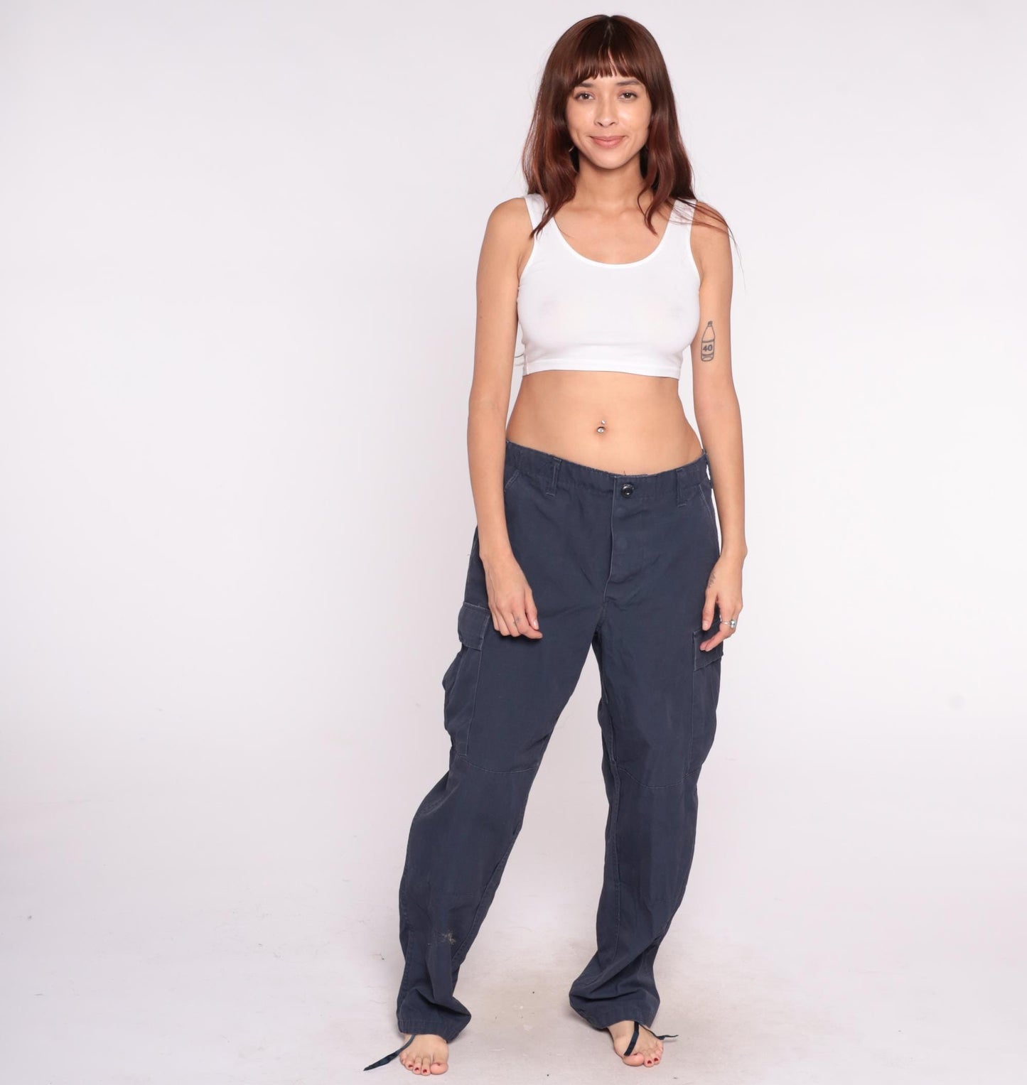 Y2K Navy Cargo Pants Straight Leg Drawstring Utility Pockets Medium