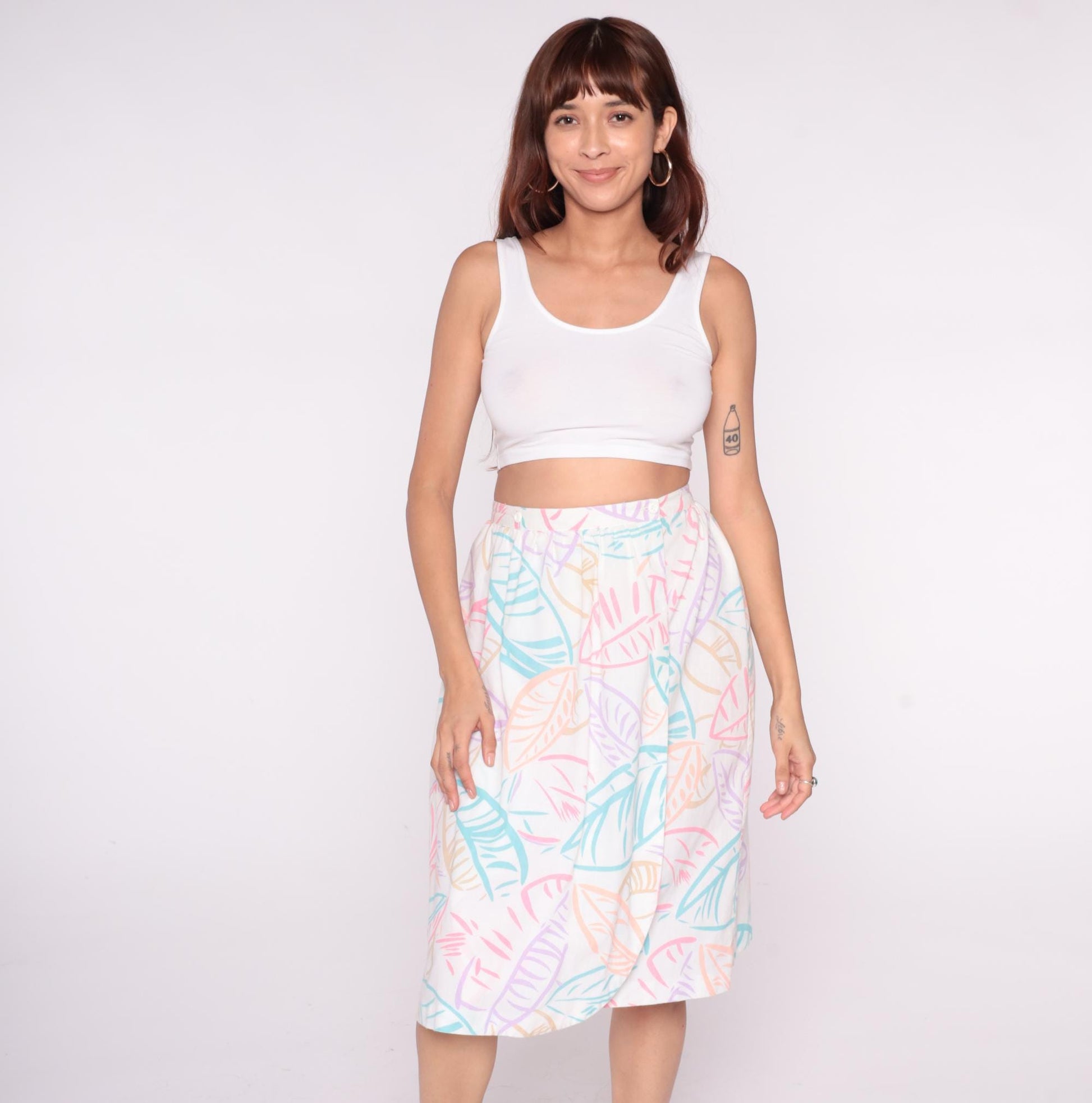 80s Salem Tropical Leaf Print A-Line Skirt White Pastel High Waist Large